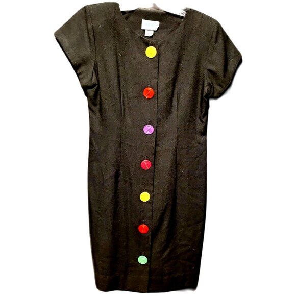 Vintage 80s Dress Black Large Rainbow Buttons Peri Petites Med Button Down - Picture 1 of 9